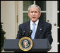 President George W. Bush delivers a statement on the 2008 president election from the Rose Garden Wednesday, Nov. 5, 2008, at the White House. Said the President, "A long campaign has now ended, and we move forward as one nation. We're embarking on a period of change in Washington, yet there are some things that will not change. The United States government will stay vigilant in meeting its most important responsibility -- protecting the American people. And the world can be certain this commitment will remain steadfast under our next Commander-in-Chief." White House photo by Joyce N. Boghosian