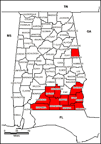 Map of Declared Counties for Disaster 1208