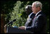 President George W. Bush delivers remarks during a joint statement with President John Agyekum Kufuor of Ghana Monday, Sept. 15, 2008, in the Rose Garden of the White House.