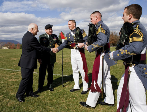 Vice President Dick Cheney greets members of the Virginia Military Institute regimental staff Saturday, Nov. 8, 2008, during Military Appreciation Day at VMI's Parade Ground in Lexington, Va. White House photo by David Bohrer