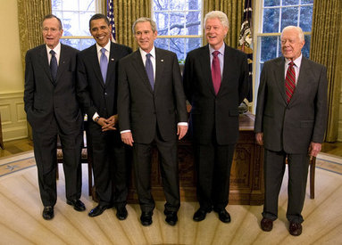 President George W. Bush meets with former Presidents George H.W. Bush, Bill Clinton and Jimmy Carter and President-elect Barack Obama Wednesday, Jan. 7, 2009 in the Oval Office of the White House. White House photo by Eric Draper