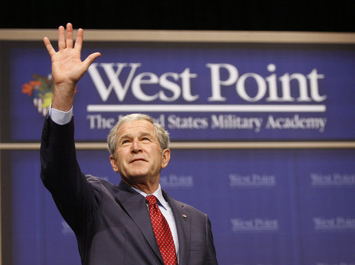 President George W. Bush waves to cadets as he concludes his remarks Tuesday, Dec. 9, 2008, at the United States Military Academy in West Point, N.Y. White House photo by Eric Draper