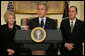 Flanked by Secretary Mary Peters, Department of Transportation, and Bobby Sturgell, Acting FAA Administrator, President George W. Bush delivers a statement on aviation congestion Thursday, Nov. 15, 2007, in the Roosevelt Room of the White House. White House photo by Chris Greenberg