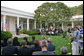 President George W. Bush discusses the reauthorization of the No Child Left Behind Act Tuesday, Oct. 9, 2007, in the Rose Garden. "We just had a meaningful discussion about our joint commitment to closing an achievement gap that exists in America. We discussed why reauthorizing the No Child Left Behind Act is vital in ensuring that we have a hopeful America," said President Bush. White House photo by Eric Draper