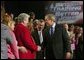 President George W. Bush greets the audience after his remarks on job training and the economy at Central Piedmont Community College in Charlotte, N.C., Monday, April 5, 2004.  White House photo by Eric Draper