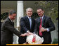 President George W. Bush stands between Paul Hill, left, of the National Turkey Federation, and his son, Nathan Hill during the pardoning of the Thanksgiving turkey Wednesday, Nov. 26, 2008, in the Rose Garden of the White House. This year marked the 61st anniversary of the National Thanksgiving Turkey Presentation and Pardoning.  White House photo by Joyce N. Boghosian