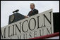 President George W. Bush speaks at the dedication of the Abraham Lincoln Presidential Library and Museum in Springfield, Ill., Tuesday, April 19, 2005. "When his life was taken, Abraham Lincoln assumed a greater role in the story of America than man or President," said President Bush. "Every generation has looked up to him as the Great Emancipator, the hero of unity, and the martyr of freedom."  White House photo by Eric Draper