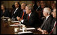 President George W. Bush makes a statement to the media after his Cabinet meeting Monday, April 14, 2008, at the White House. The President recapped the meeting, saying the Cabinet discussed a variety of subjects including tax cuts, free trade agreements and legislation for beach monitoring and landscape conservation.  White House photo by Eric Draper