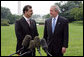 President George W. Bush and Pakistani Prime Minister Syed Yousaf Raza Gillani speak to the press Monday, July 28, 2008, on the South Lawn on the White House. White House photo by Chris Greenberg