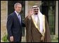 President George W. Bush welcomes Crown Prince Abdullah of Saudi Arabia to the Bush family ranch in Crawford, Texas, Thursday, April 25. "The Crown Prince is going to be in America for several more days, and officials from both our governments will be continuing our discussions with the hope that our efforts can help return us to the path of peace -- a lasting peace," said the President in a press conference after the visit. White House photo by David Bohrer.