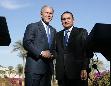 President George W. Bush and Egypt's President Hosni Mubarak shake hands after their joint availability Wednesday, Jan. 16, 2008 in Sharm El Sheikh, Egypt. President Bush visited the seaside town on the final stop of his eight-day, Mideast trip. White House photo by Chris Greenberg