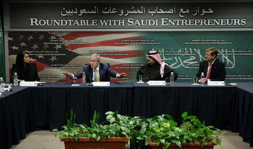 President George W. Bush gestures as he talks with Saudi entrepreneurs during a roundtable discussion Tuesday, Jan. 15, 2008, at the U.S. Embassy in Riyadh. White House photo by Chris Greenberg