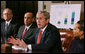 President George W. Bush addresses his remarks to members of the media during a meeting with small business owners, health insurance providers and recently insured individuals on Health Savings Accounts, Monday, April 2, 2007, in the Roosevelt Room at the White House. A report released Monday shows the number of individuals covered by Health Savings Accounts has increased 43 percent over the last year. White House photo by Joyce Boghosian