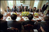 Vice President Dick Cheney hosts a state lunch at the Naval Observatory for Chinese Vice President Hu Jintao May 1, 2002. Photographed with the Vice President, from left to right, are National Security Advisor Dr. Condoleezza Rice, Secretary of Commerce Donald Evans, Secretary of State Colin Powell, Secretary of the Treasury Paul O'Neill, Secretary of Labor Elaine Chao and Deputy Secretary of Defense Paul Wolfowitz.
