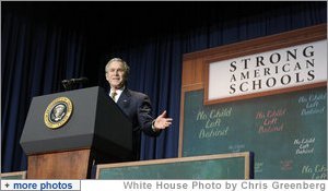 President George W. Bush gestures as he addresses his remarks Thursday, Jan. 8, 2008 at the General Philip Kearny School in Philadelphia, in support of the No Child Left Behind Act, urging Congress to strenghten and reauthorize the legislation. White House photo by Chris Greenberg