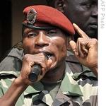 Junta leader, Captain Moussa Dadis Camara, speaks at meeting at Camp Alpha Yaya Diallo military camp in Conakry, 27 Dec 2008