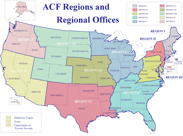 US map segmented by ACF Region used to perform SSP searches by State or Region -- the same SSP searches can be performed using the alphabetic listing of States and Regions below graphic