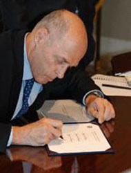 Photo: Secretary Paulson shown here in his first day in office provides his signature for the Bureau of Engraving and Printing – the Treasury agency responsible for printing all of the nation’s currency.