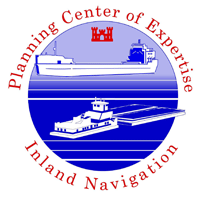 Planning Center of Expertise For Inland Navigation Logo featuring a barge and a freighter passing each other beneath a US Army Corps of Engineers Castle