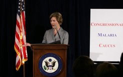 First Lady Laura Bush addresses members of the Congressional Malaria Caucus on the President's Malaria Initiative on April 24, 2008, at the U.S. Capital in Washington, D.C. Source: Shealah Craighead/White House