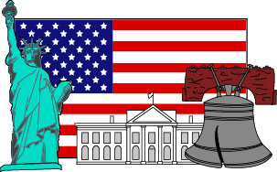 Collage of U.S. Symbols -- The flag, the Statue of Libery, the White House, and the Liberty Bell.
