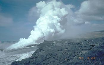 Steam plume above lava entry point