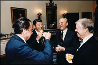 President Ronald Reagan hosts former Presidents Ford, Nixon and Carter as they share a laugh in the Blue Room October 8, 1981. Since the opening of the White House in 1800, presidents and first ladies have used the Blue Room to formally receive and greet guests.