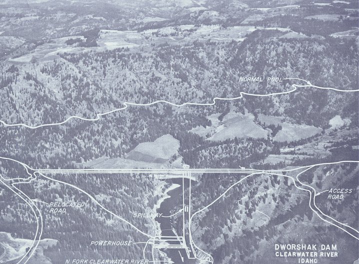 This aerial photograph with overlay shows preimpoundment conditions at the damsite and lower reservoir area.