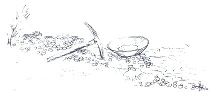 Artist's drawing of a pick and mining pan.
