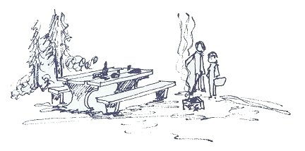 Artist's drawing of recreation (picnic table, campfire, family).