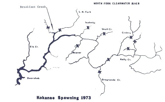 Map of kokanee spawning locations in 1973