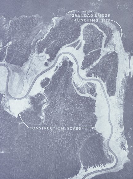 Aerial photo of the Grandad Bridge Launching Site and associated construction. The construction scars are a result of the relocation of the road, and will be tempered by seeding and planting of vegetation.