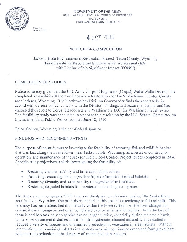 Notice of Completion for Feasibility Report - page 1