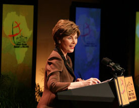 Photo of First Lady Laura Bush delivering remarks at the first-ever White House Summit on Malaria, Thursday, Dec. 14, 2006, at the National Geographic Society in Washington, D.C. Source: Shealah Craighead/White House