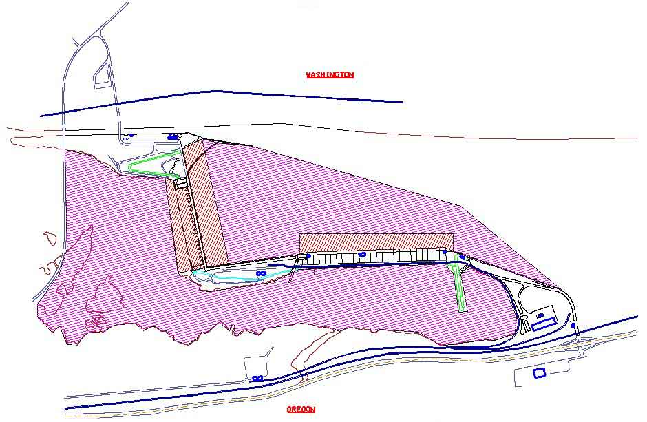 Scale drawing of the dam and surrounding areas with illustrated area of Boat Restricted Zone (BRZ).