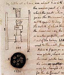 Hand drawn diagram of "maccaroni" maker, with notes.