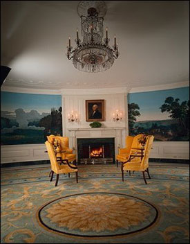 Decorating the walls of this oval room is a panoramic wallpaper called "Views of North America" that was first printed in 1834 by Jean Zuber et Cie. These fanciful scenes portray American landscapes that were admired by Europeans. 