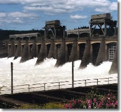Photo of Spillway Dam, with gates open and water rushing through on a sunny day, with the blue sky in background.