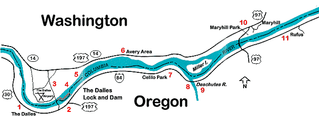 Map Image of park locations by number that corresponds to a table listing facilities features shown below for Lake Celilo