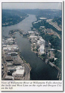 Color Photo- Aerial view of the Willamette River, including the Falls, Locks, and industrial area.