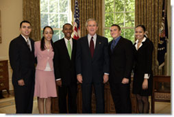 President George W. Bush stands with the 2004 Boys & Girls Club of America's Youth of the Year finalists in the Oval Office Wednesday, June 1, 2005. From left are: Ramon Moran of Tucson, Ariz.; Noelia Bare of Lawrence, Mass.; Stephen Miller of Mobile, Ala.; President Bush; Thomas 
