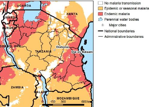 Image of a regional map of Tanzania, showing distribution of endemic malaria.