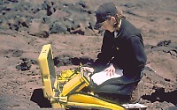 Volunteer sets up a GPS receiver at summit of Mauna Loa Volcano