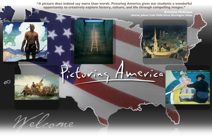 A selection of art pieces placed over the map of the United States.