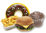 Donut, cheeseburger, cupcake, and French fries