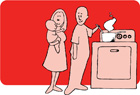 a family next to a stove or oven