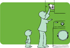 adult storing household cleaners/chemicals high away from a childs reach as the child watches