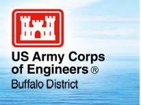 US Army Corps of Engineers Logo superimposed over a photograph of water and sky