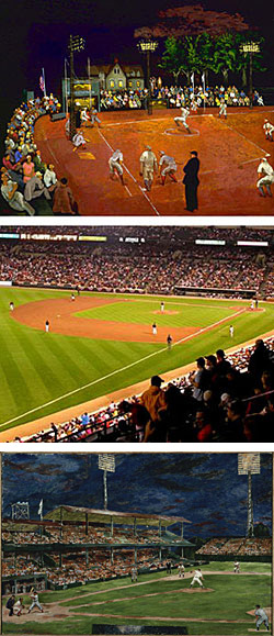 three paintings of a baseball game