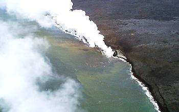 Aerial view of plume rising from lava entry point
